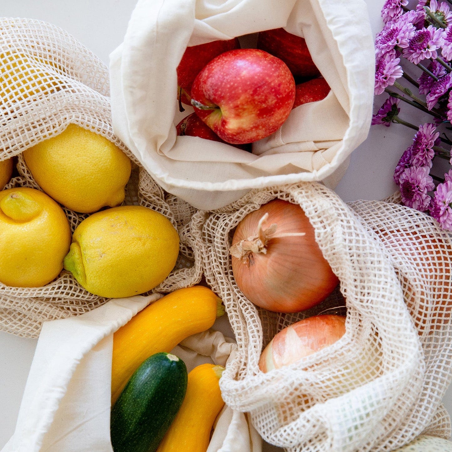 Medium muslin produce bag from ZeroWasteStore.com, reusable shopping tote for zero waste fruit and vegetable storage.