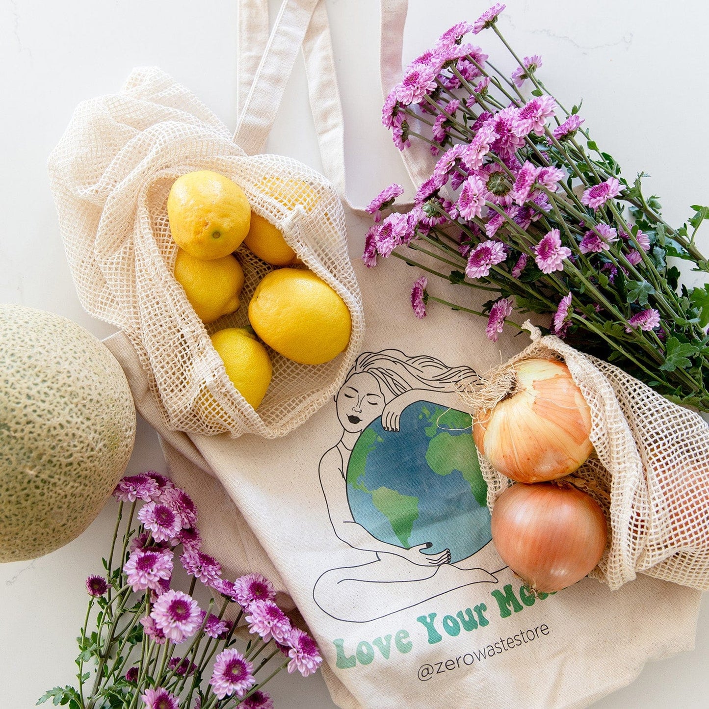 Medium natural mesh produce bag from ZeroWasteStore.com, reusable shopping tote for zero waste grocery shopping.