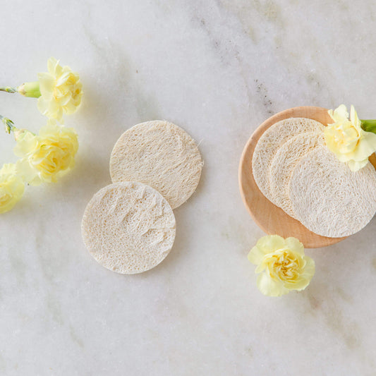 Set of five exfoliating round loofah facial discs for gentle skin cleansing and exfoliation from ZeroWasteStore.com.