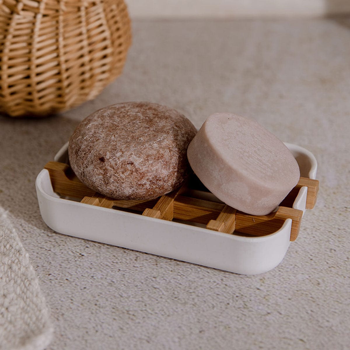 White bamboo soap dish from ZeroWasteStore.com, eco-friendly soap holder with slotted design for drainage
