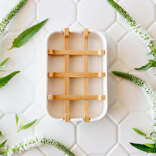White bamboo soap dish from ZeroWasteStore.com, eco-friendly soap holder for bathroom or kitchen use.