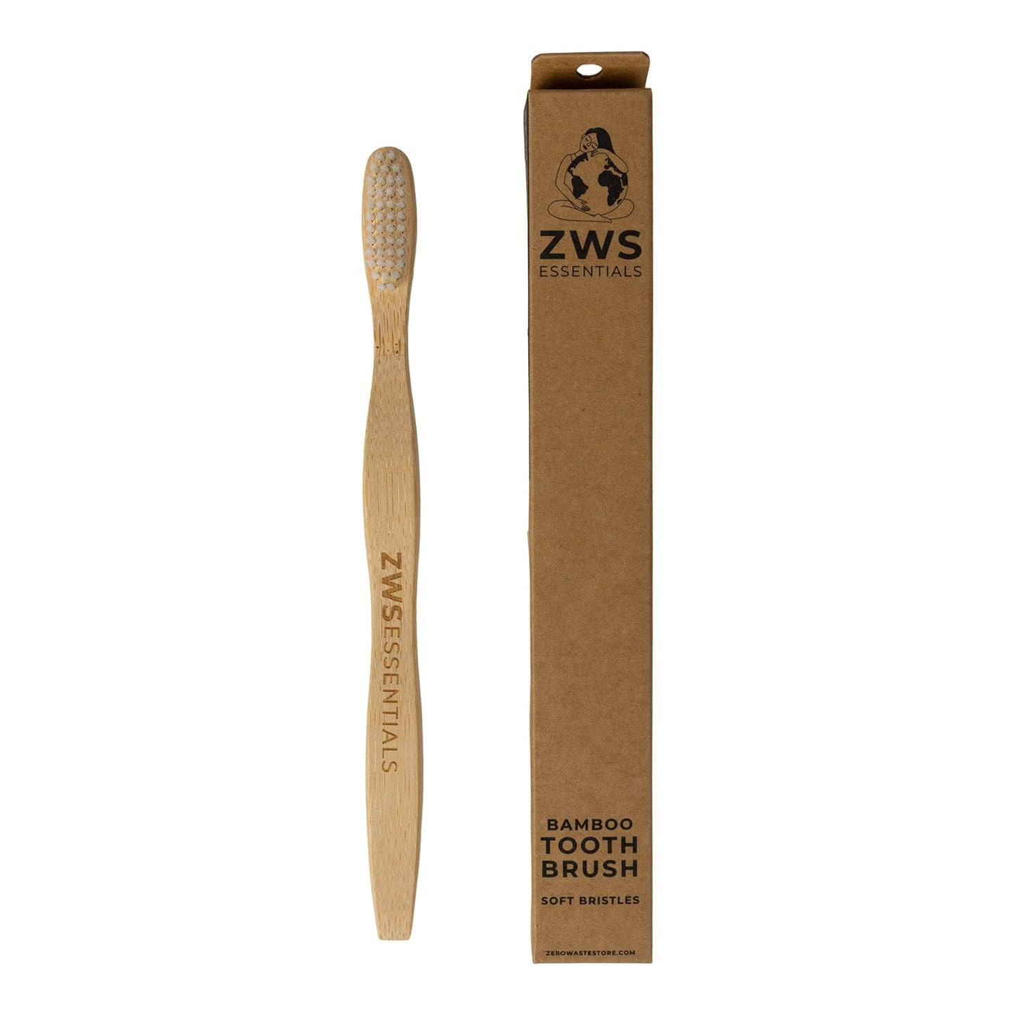 Bamboo toothbrush from ZeroWasteStore.com with a natural bamboo handle and soft bristles for eco-friendly oral care.