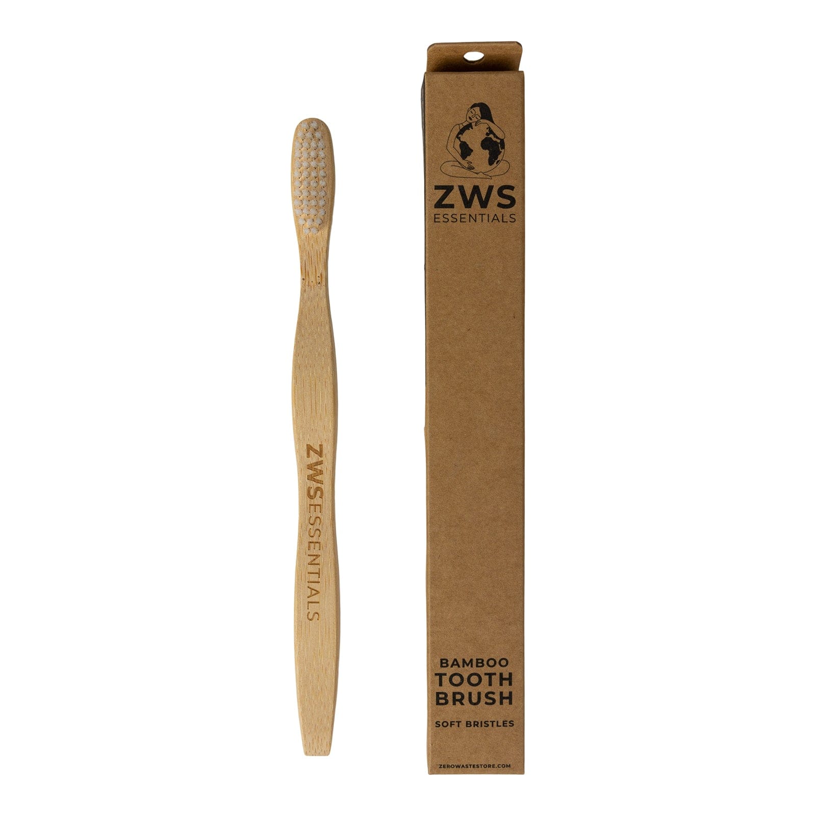 Bamboo toothbrush from ZeroWasteStore.com with a natural bamboo handle and soft bristles for eco-friendly oral care.