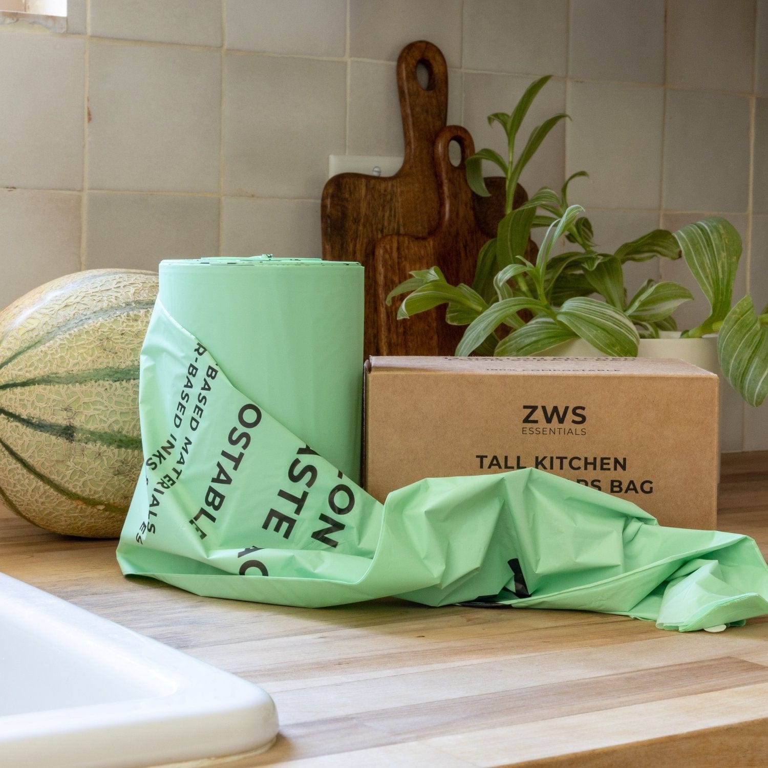 Compostable trash bags from ZeroWasteStore.com, eco-friendly waste disposal bags for composting and household use.