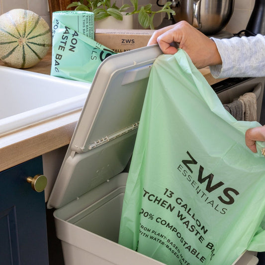 Compostable trash bags from ZeroWasteStore.com, eco-friendly waste disposal bags in various sizes, environmentally conscious and durable
