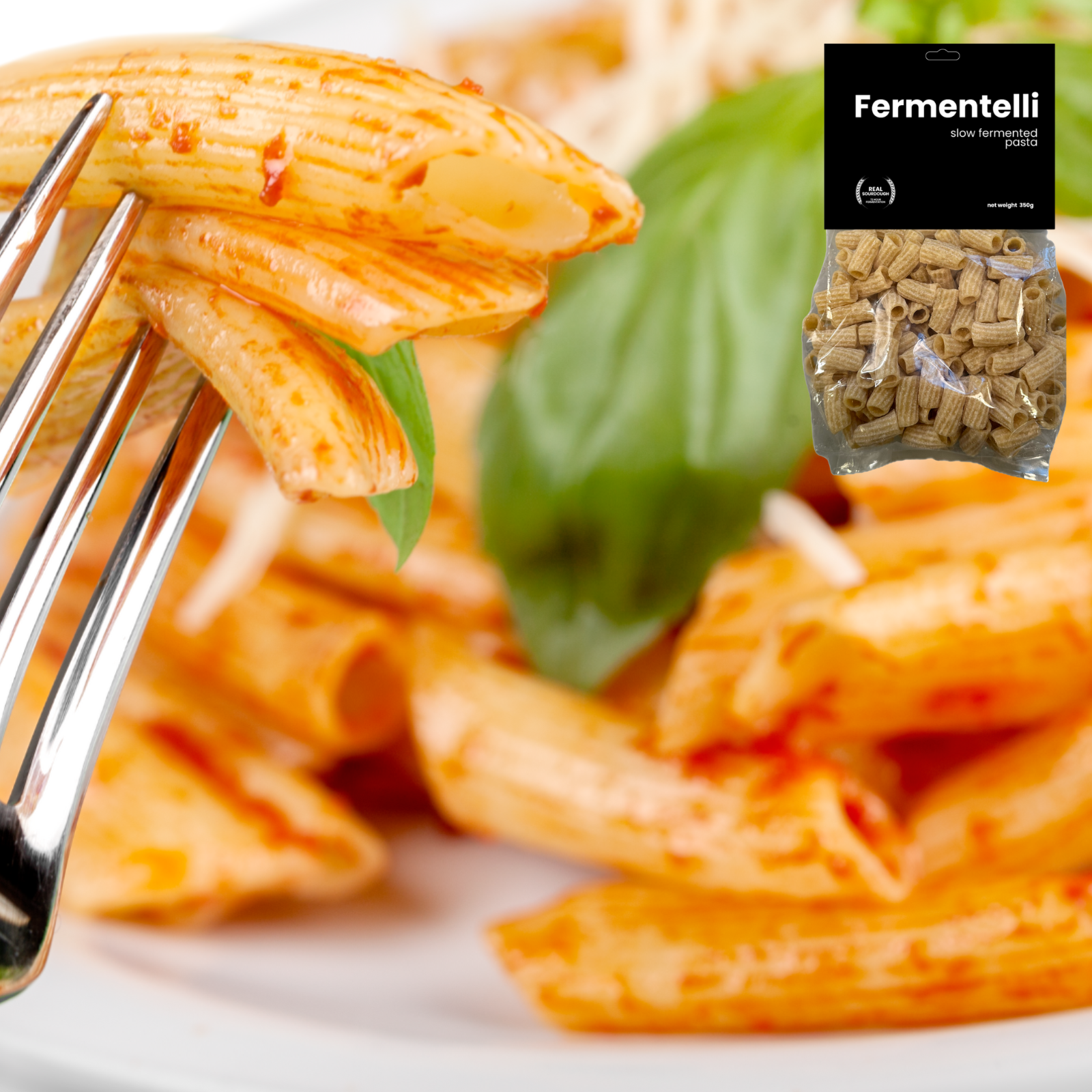 Fermentelli Pasta sourdough pasta ziti in a combo pack, showcasing uncooked ziti pasta with a smooth, golden surface.