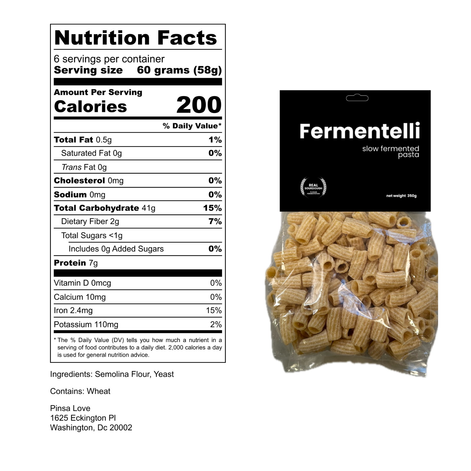 Fermentelli Pasta sourdough ziti pasta package showing nutritional information and back label details.