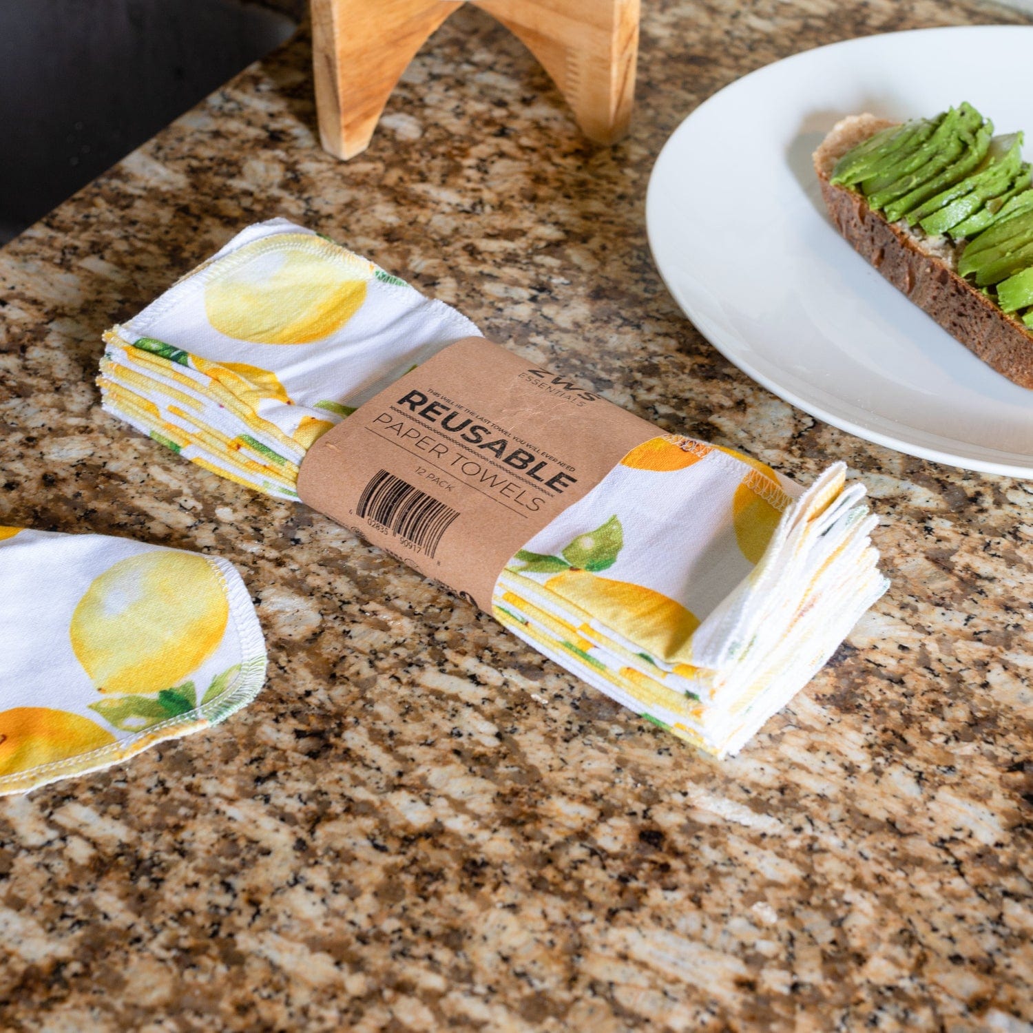 Set of 12 reusable paper towels with lemon print from ZeroWasteStore.com, eco-friendly cloth towels for sustainable cleaning.
