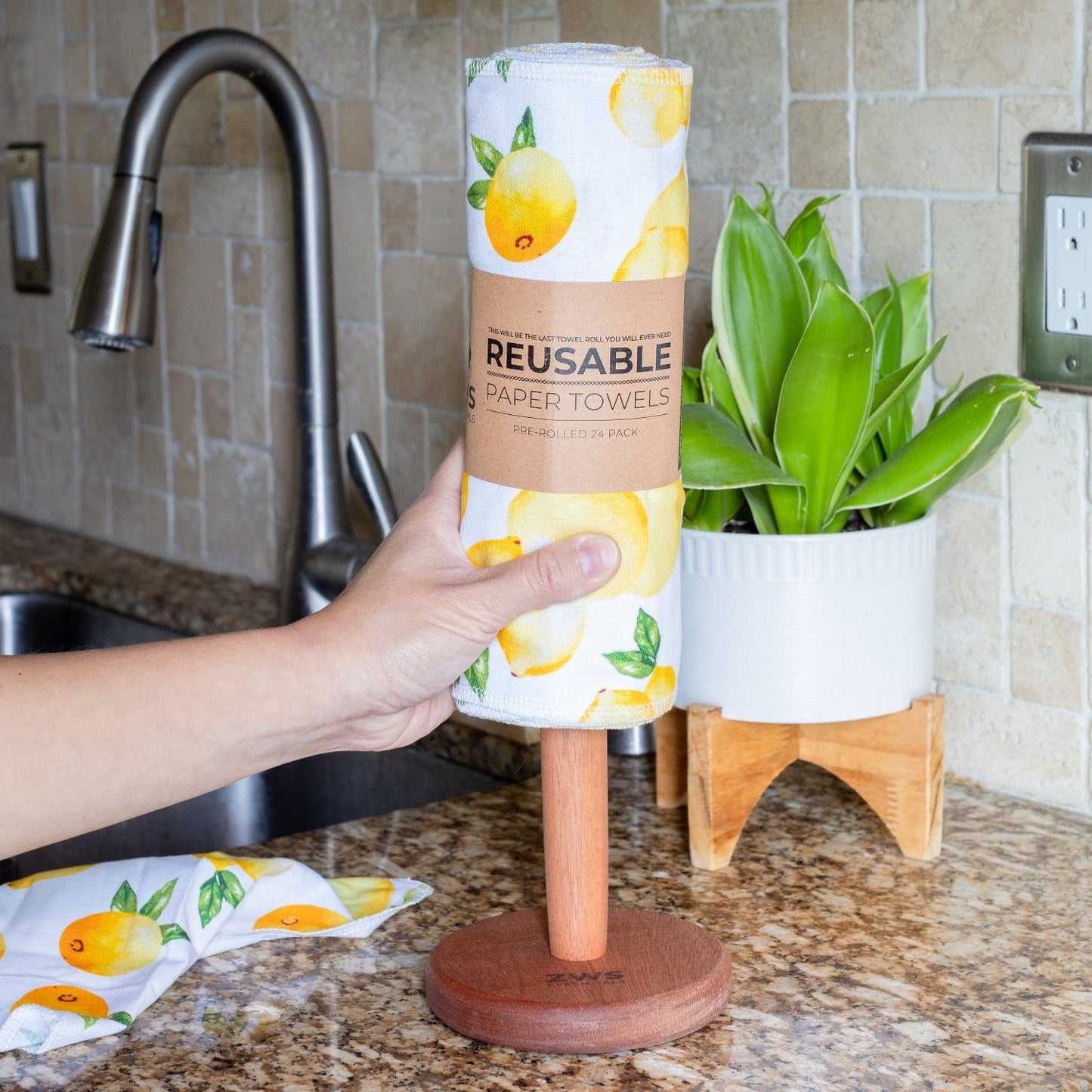 Set of reusable paper towels by ZeroWasteStore.com featuring lemon print, eco-friendly and washable cloth towels for sustainable cleaning.