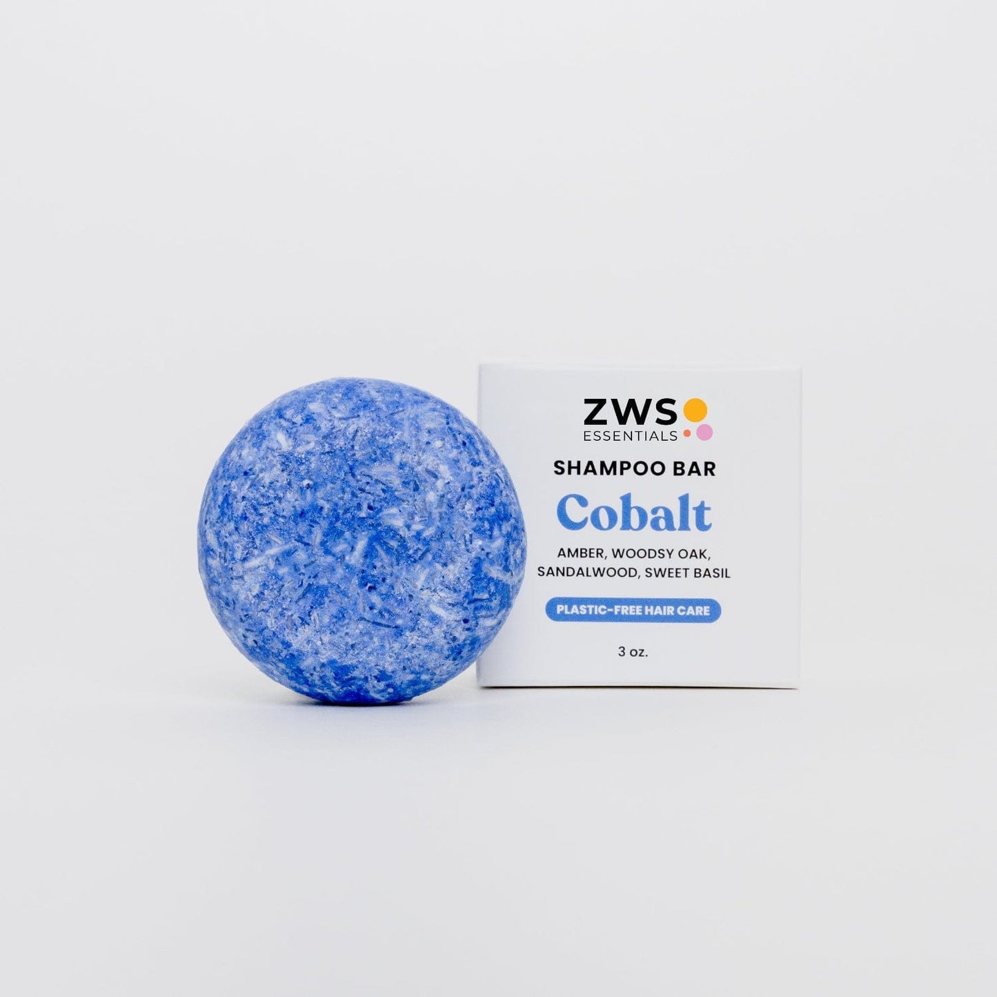 Cobalt ZeroWasteStore.com shampoo bar with smooth rounded edges and minimalist packaging for eco-friendly hair cleansing.