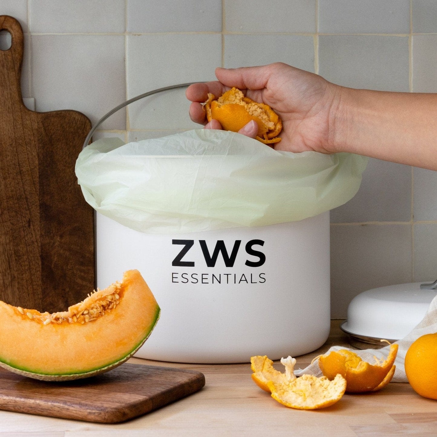 Stainless steel ZeroWasteStore countertop compost bin with 6.5-liter capacity for kitchen composting, plastic-free design.