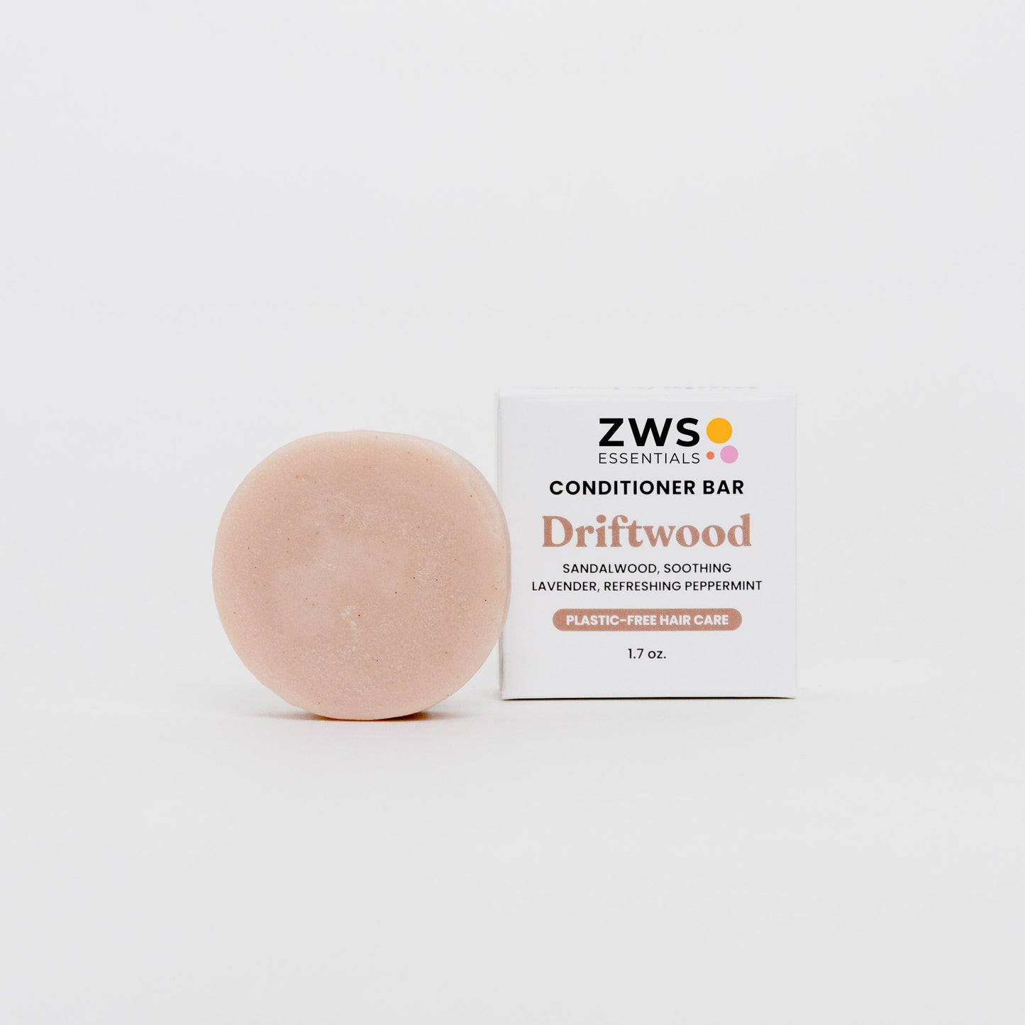ZeroWasteStore Driftwood Conditioner Bar for hair, showing the natural soap-like shape and earthy packaging, eco-friendly hair care product.