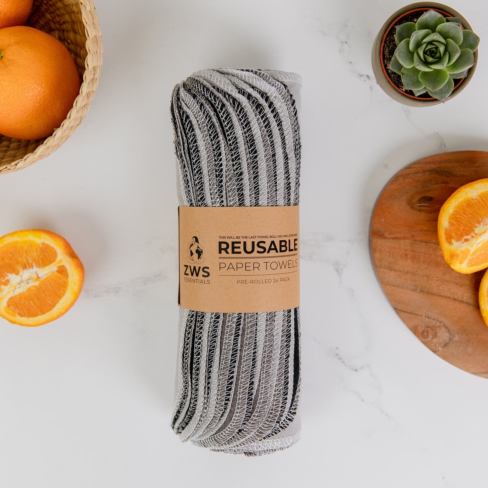 Reusable paper towels from ZeroWasteStore.com, pre-rolled organic cotton unpaper towels, 24-pack for eco-friendly cleaning.