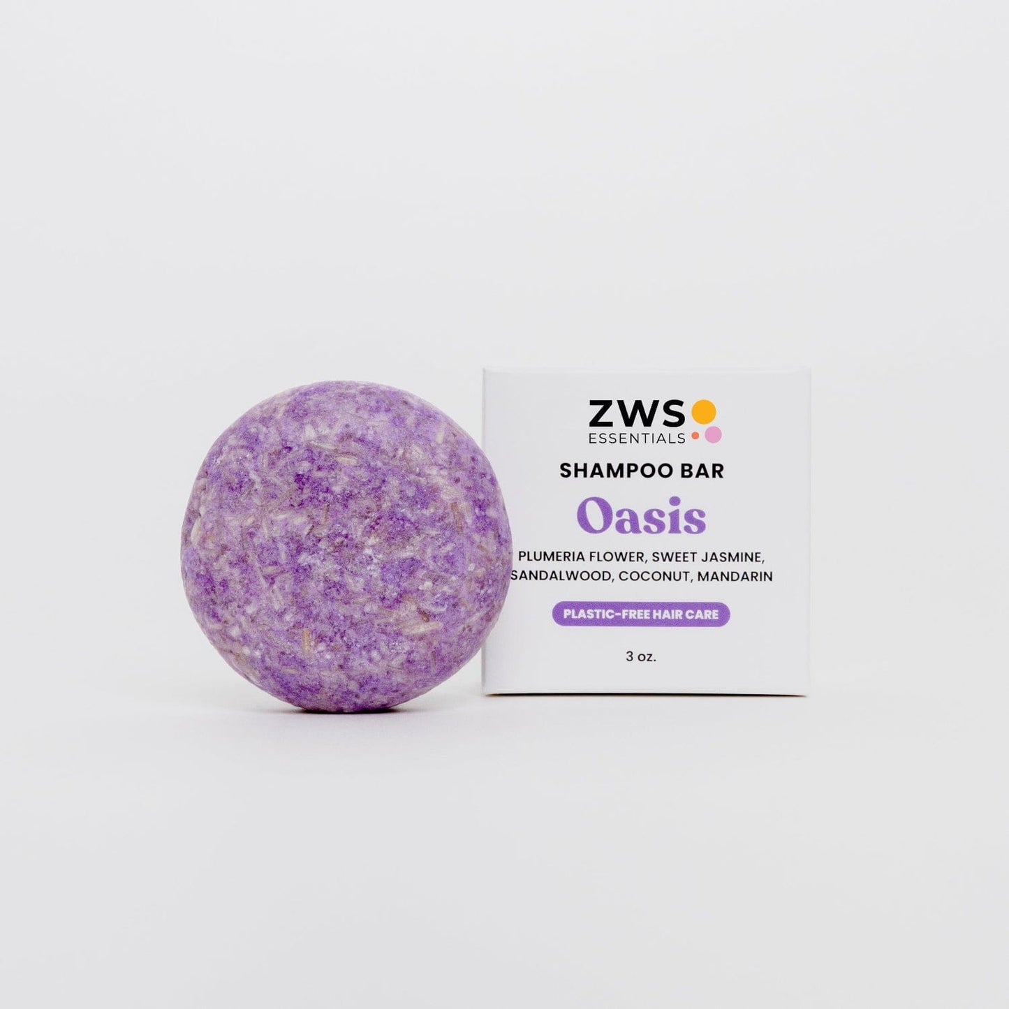ZeroWasteStore.com Oasis Shampoo Bar, natural shampoo bar with eco-friendly packaging, showing the product's textured surface and branding.