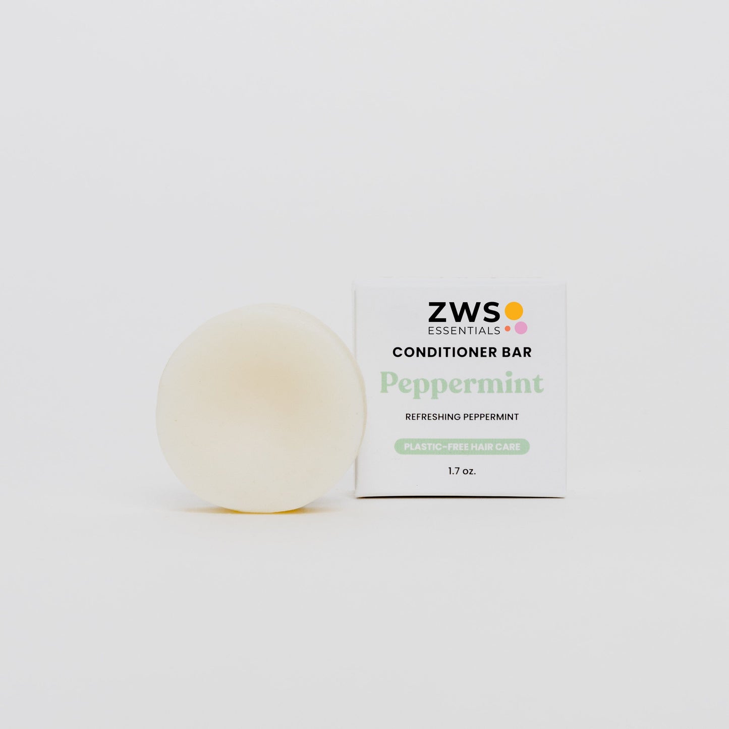 ZeroWasteStore peppermint breeze conditioner bar with green and white packaging, designed for eco-friendly hair care.