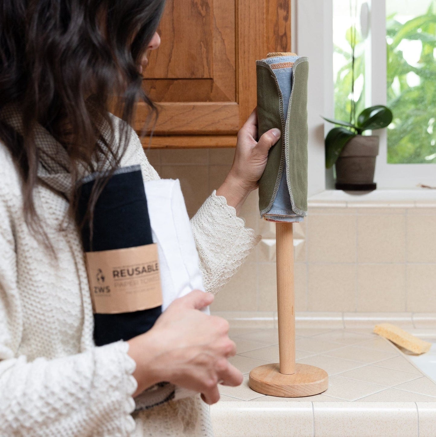 Reusable paper towels from ZeroWasteStore.com, eco-friendly cloth towels displayed on a clean kitchen counter.