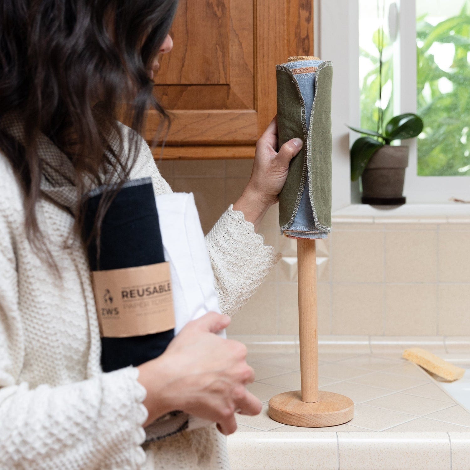 Reusable paper towels from ZeroWasteStore.com, eco-friendly cloth towels displayed on a clean kitchen counter.
