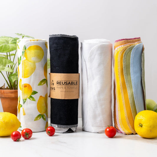 Reusable paper towels from ZeroWasteStore.com shown stacked on a countertop, eco-friendly cleaning cloths for sustainable household use.