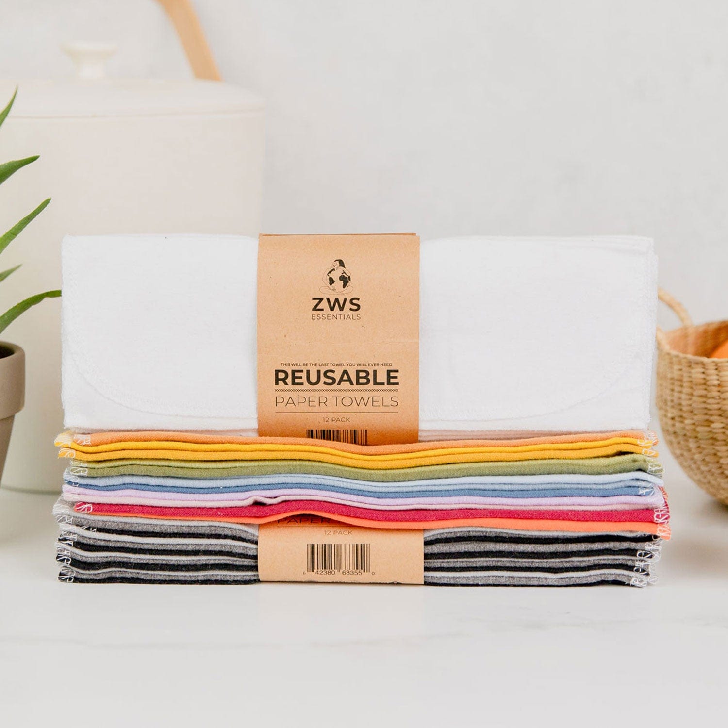 Reusable paper towels from ZeroWasteStore.com, showing eco-friendly cloth towels with a folded and stacked appearance on a white background.