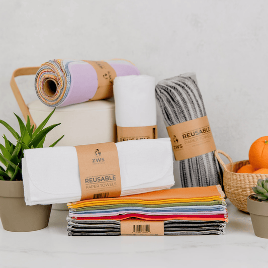 Reusable paper towels from ZeroWasteStore.com, eco-friendly cloth towels with a folded design, ideal for sustainable cleaning.