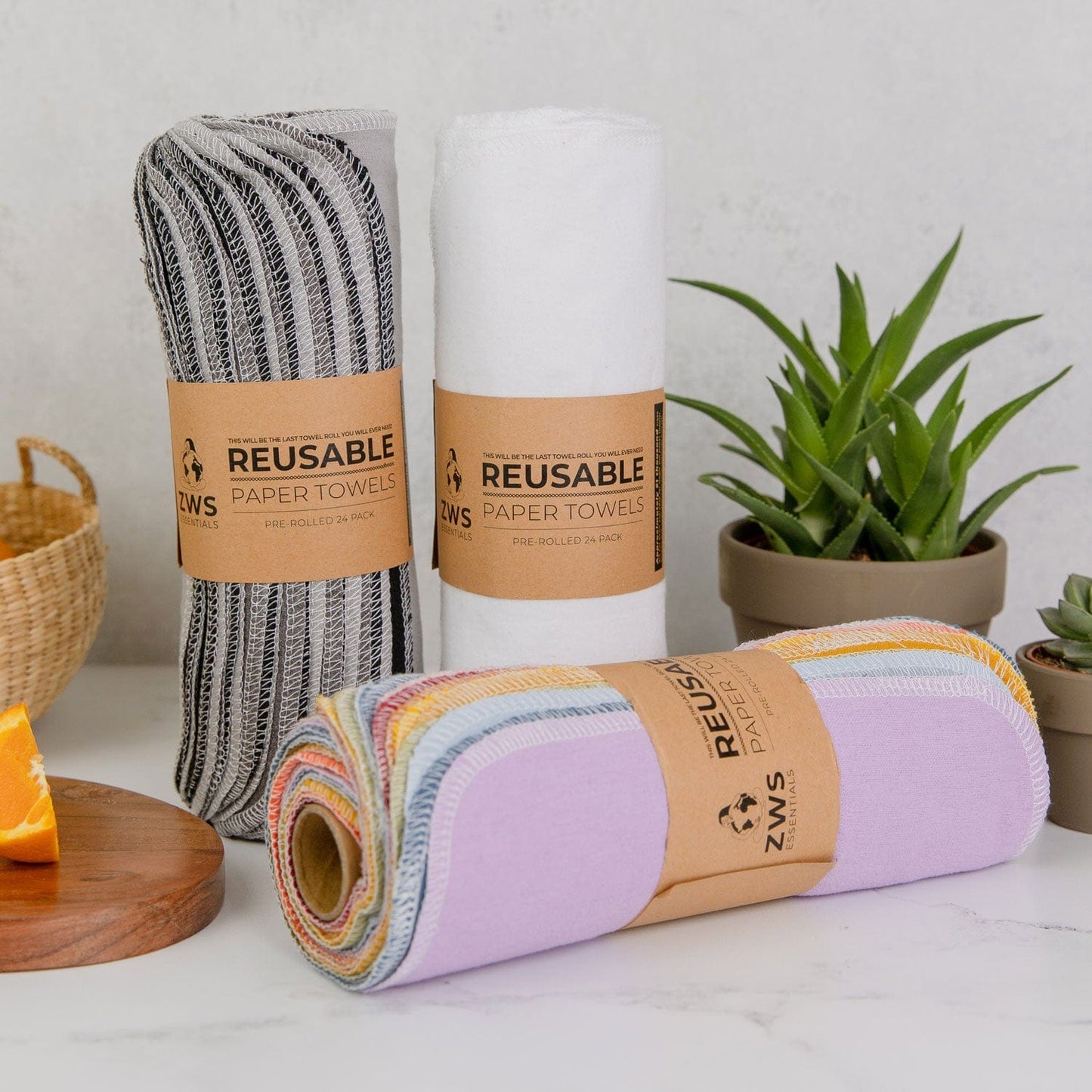 Reusable paper towels by ZeroWasteStore.com, organic cotton unpaper towels, pre-rolled, eco-friendly, 24-pack for sustainable cleaning.