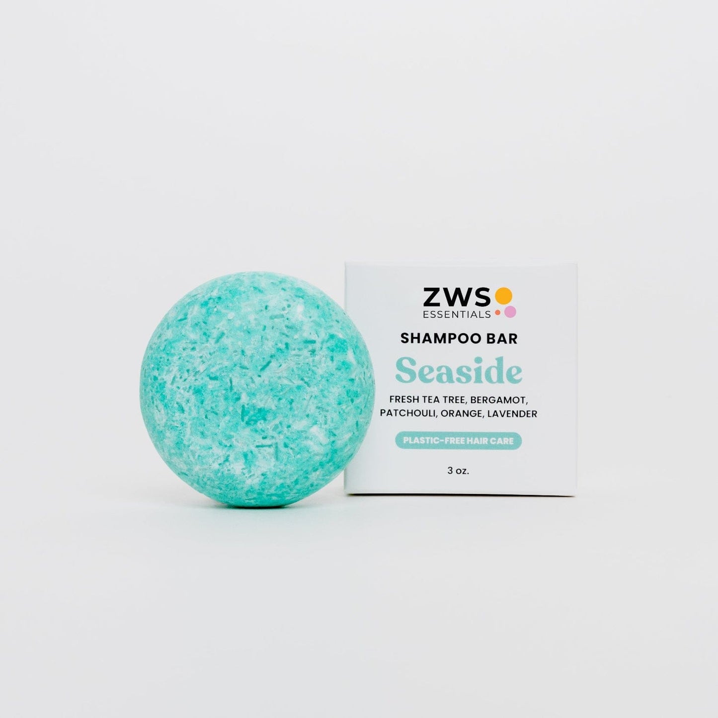 ZeroWasteStore.com Seaside Shampoo Bar, natural shampoo with seaside scent, shown in a close-up image with packaging.