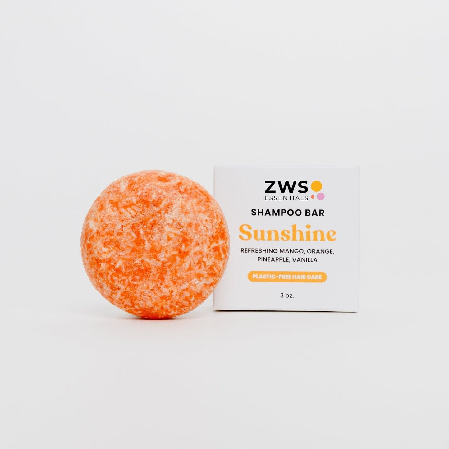 ZeroWasteStore Sunshine Shampoo Bar, natural soap bar for hair care with bright citrus scent, wrapped in eco-friendly packaging.